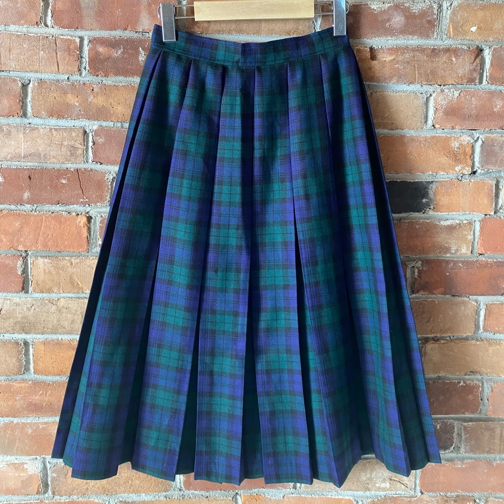 VINTAGE plaid worsted wool pleated midi skirt size small blue, green, black